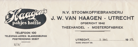 711172 Kop van een nota van J.W. van Haagen, Stoomkoffiebranderij, Theehandel, Mosterdfabriek, Oudegracht 121 (Huis ...